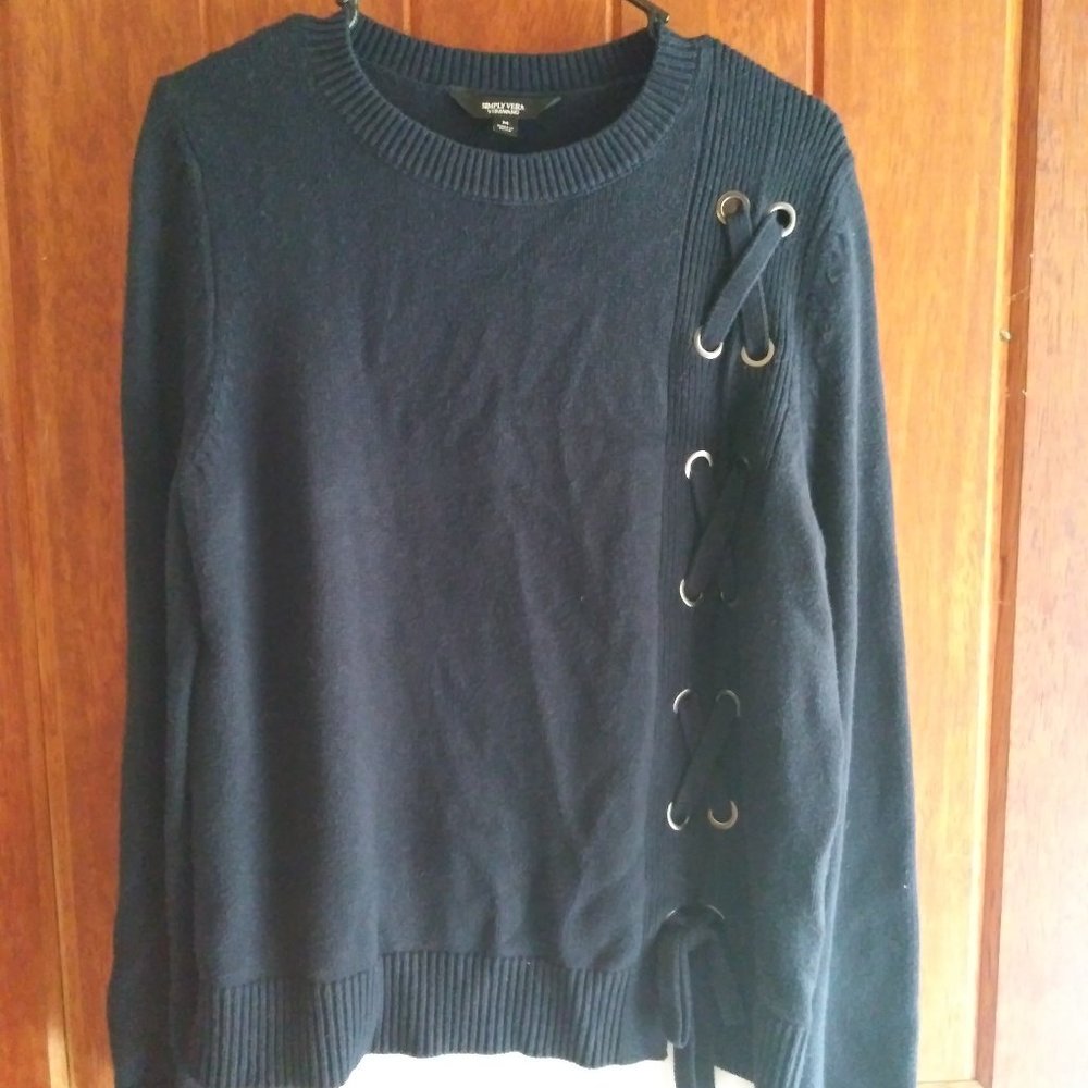Simply Vera, Vera Wang - Navy Layered Lace Up Ribbed Sweater